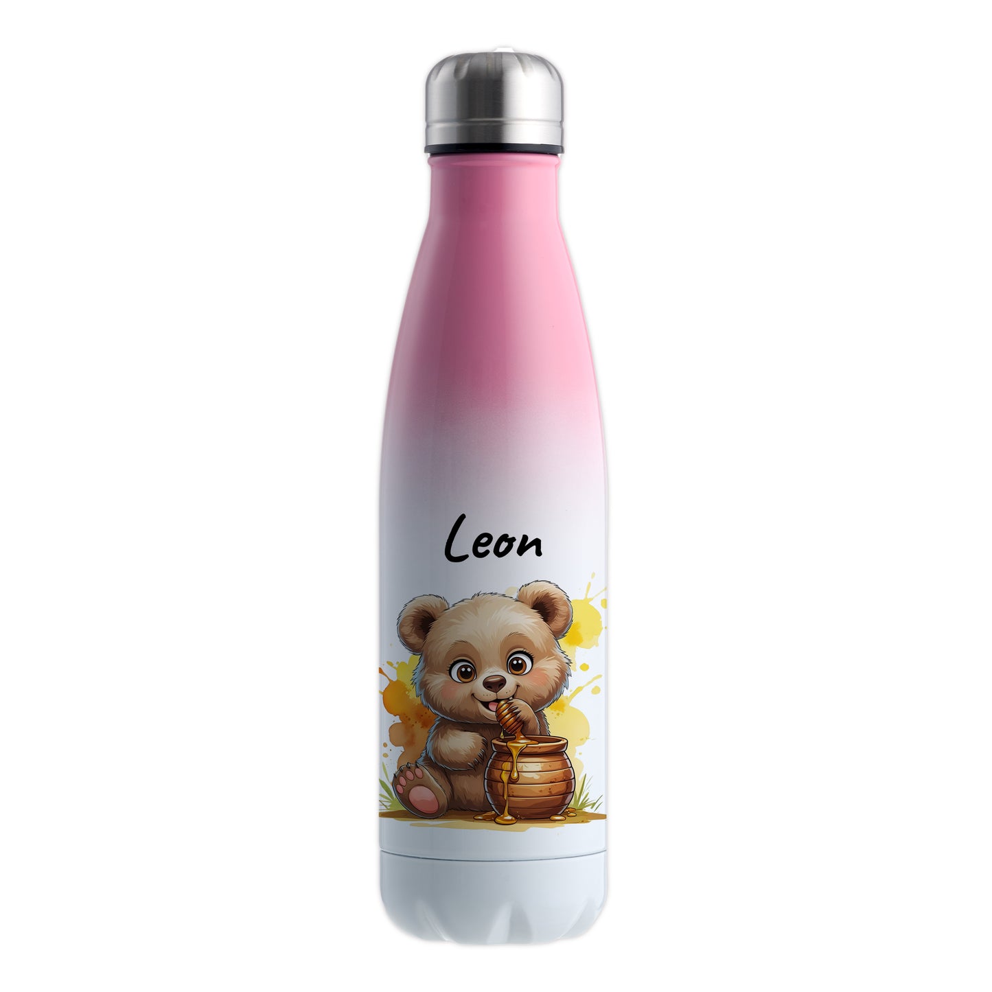 Trinkflasche in Weiß/Pink 500ml aus Edelstahl bedruckt mit niedlichen Tieren "Bär" personalisierbar für Kinder mit Wunschname