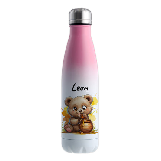 Trinkflasche in Weiß/Pink 500ml aus Edelstahl bedruckt mit niedlichen Tieren "Bär" personalisierbar für Kinder mit Wunschname