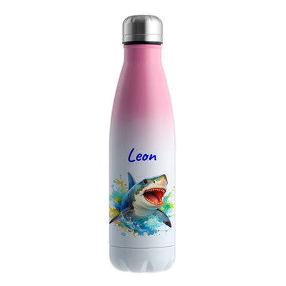 Thermoflasche 500ml in Weiß/Pink bedruckt mit tollen Motiven für Kinder "Hai" personalisierbar mit Wunschname