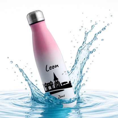 Trinkflasche in Weiß/Pink 500ml aus Edelstahl bedruckt mit der Skyline von Zons (Dormagen) personalisierbar mit Wunschname