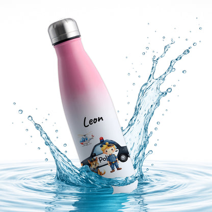 Thermoflasche 500ml in Weiß/Pink bedruckt mit tollen Motiven für Kinder "Polizei" personalisierbar mit Wunschname