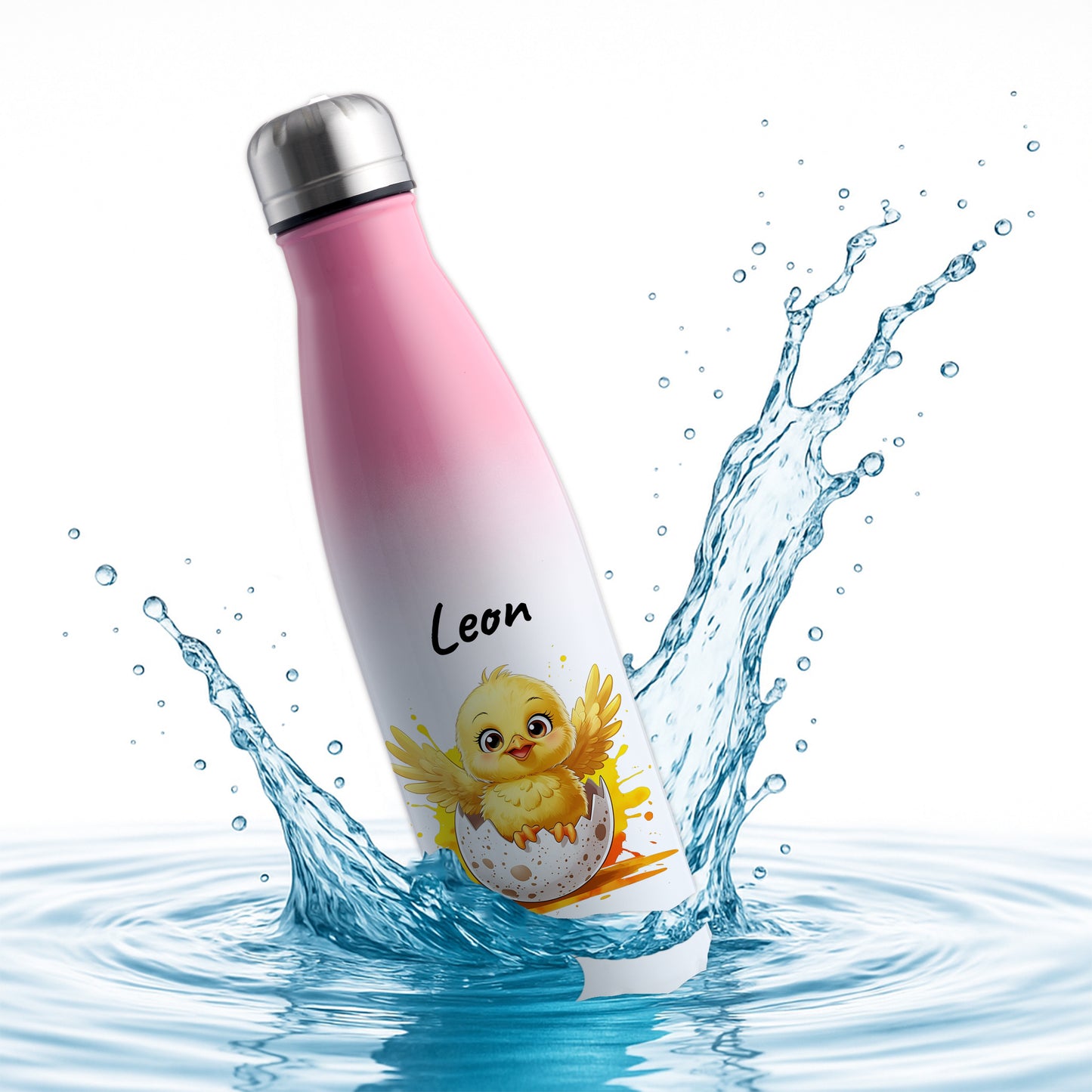 Trinkflasche in Weiß/Pink 500ml aus Edelstahl bedruckt mit niedlichen Tieren "Küken" personalisierbar für Kinder mit Wunschname