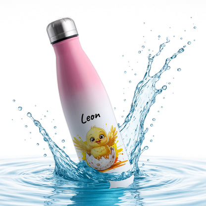 Trinkflasche in Weiß/Pink 500ml aus Edelstahl bedruckt mit niedlichen Tieren "Küken" personalisierbar für Kinder mit Wunschname