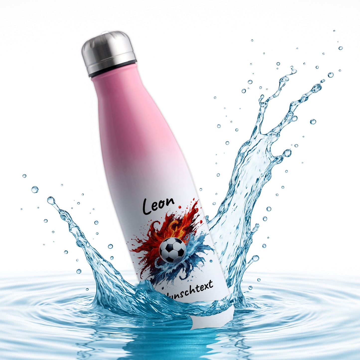 Thermoflasche 500ml in Weiß/Pink aus Edelstahl bedruckt "Fußball" Motiv12 personalisierbar mit Wunschname & Text