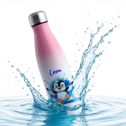 Trinkflasche in Weiß/Pink 500ml aus Edelstahl bedruckt mit niedlichen Tieren "Pinguin" personalisierbar für Kinder mit Wunschname