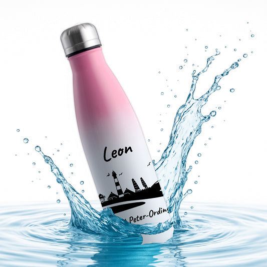 Trinkflasche in Weiß/Pink 500ml aus Edelstahl bedruckt mit der Skyline von Sankt Peter-Ording personalisierbar mit Wunschname