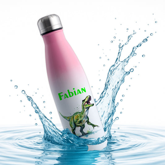 Thermoflasche 500ml in Weiß/Pink bedruckt mit tollen Motiven für Kinder "Dino T-Rex" personalisierbar mit Wunschname