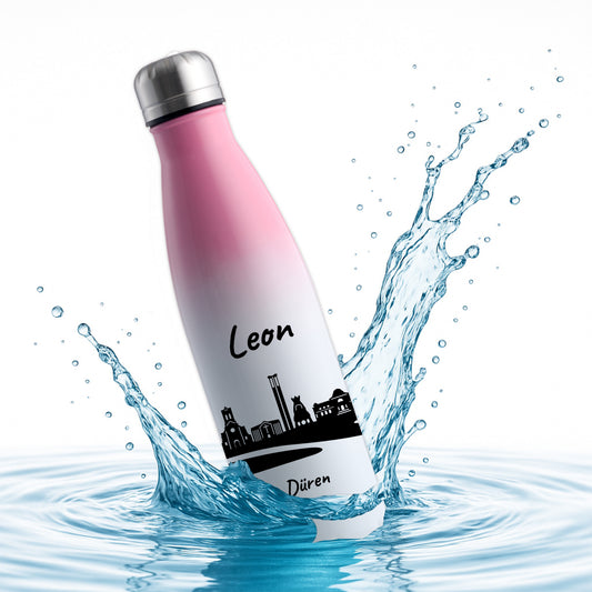 Trinkflasche in Weiß/Pink 500ml aus Edelstahl bedruckt mit der Skyline von Düren personalisierbar mit Wunschname
