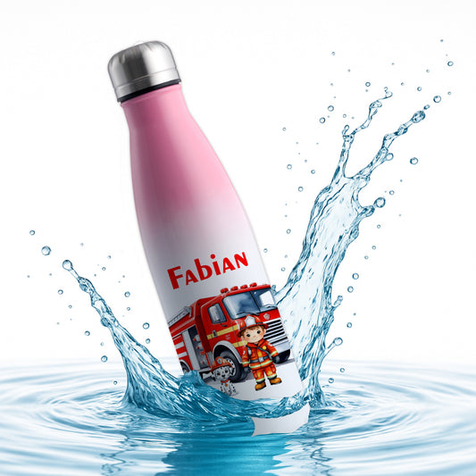 Thermoflasche 500ml in Weiß/Pink bedruckt mit tollen Motiven für Kinder "Feuerwehr" personalisierbar mit Wunschname
