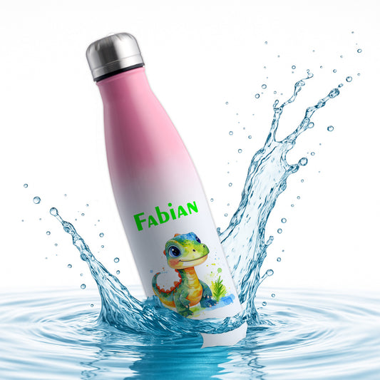 Thermoflasche 500ml in Weiß/Pink bedruckt mit tollen Motiven für Kinder "Dino Kinder" personalisierbar mit Wunschname