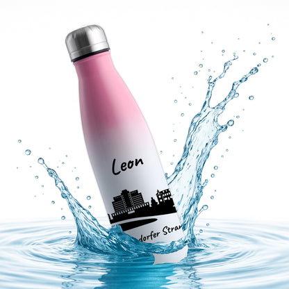 Trinkflasche in Weiß/Pink 500ml aus Edelstahl bedruckt mit der Skyline von Timmendorfer Strand personalisierbar mit Wunschname