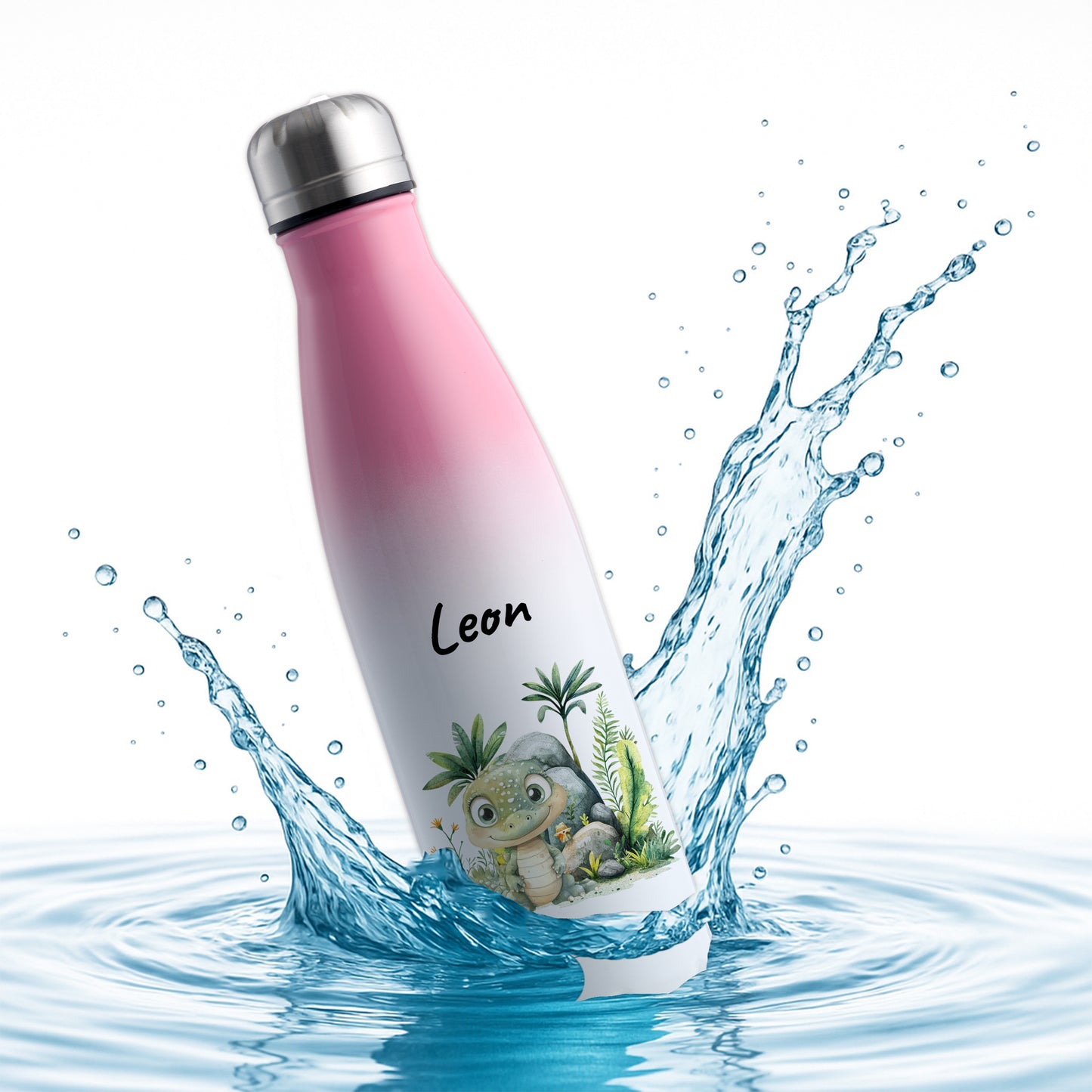 Trinkflasche mit Farbverlauf in Weiß/Pink 500ml aus Edelstahl bedruckt mit Dschungel Tieren"Krokodil" personalisierbar für Kinder mit Wunschname