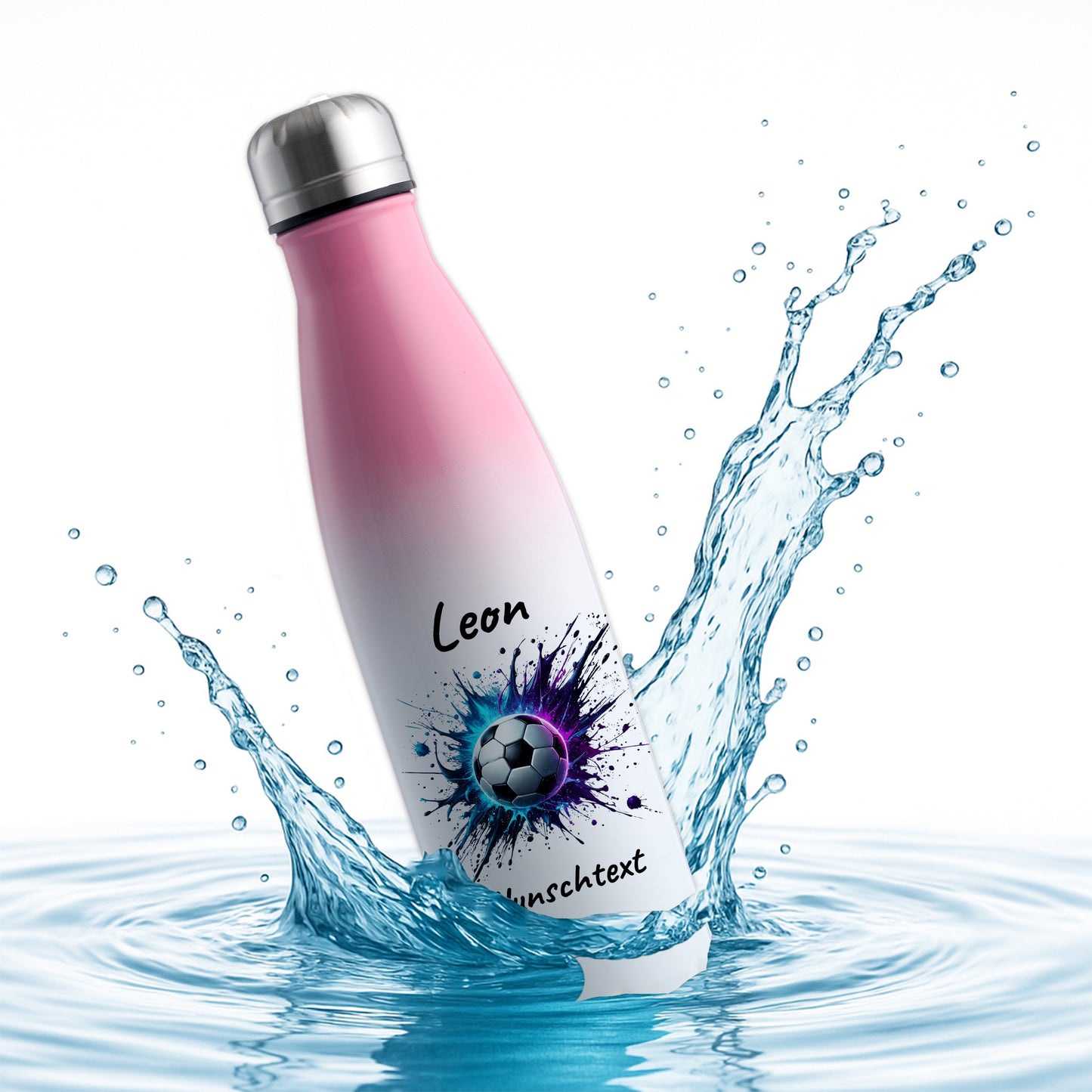 Thermoflasche 500ml in Weiß/Pink aus Edelstahl bedruckt "Fußball" Motiv10 personalisierbar mit Wunschname & Text