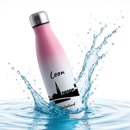Trinkflasche in Weiß/Pink 500ml aus Edelstahl bedruckt mit der Skyline von Helgoland personalisierbar mit Wunschname