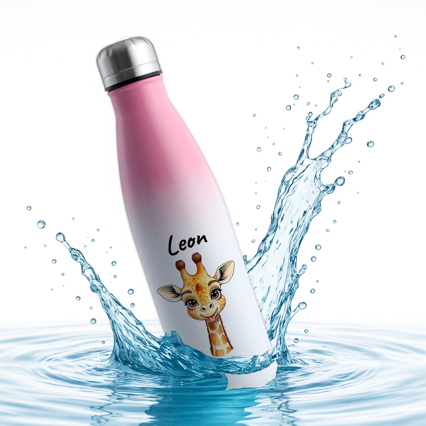 Trinkflasche in Weiß/Pink 500ml aus Edelstahl bedruckt mit niedlichen Tieren "Giraffe" personalisierbar für Kinder mit Wunschname