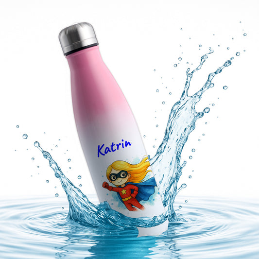 Thermoflasche 500ml in Weiß/Pink bedruckt mit tollen Motiven für Kinder "Superheldin" personalisierbar mit Wunschname