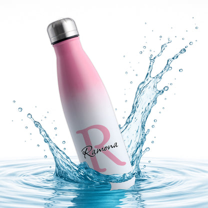 Thermoflasche 500ml aus Edelstahl in Weiß/Pink personalisierbar mit Wunschname auslaufsichere Trinkflasche