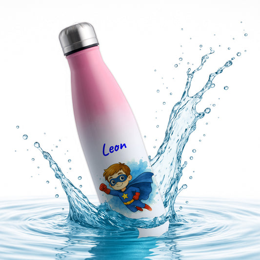 Thermoflasche 500ml in Weiß/Pink bedruckt mit tollen Motiven für Kinder "Superheld" personalisierbar mit Wunschname