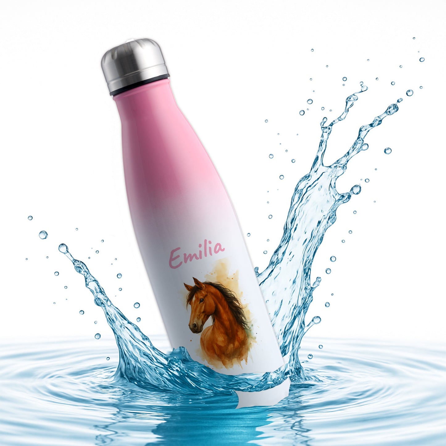 Thermoflasche 500ml in Weiß/Pink bedruckt mit tollen Motiven für Kinder "Pferd" personalisierbar mit Wunschname