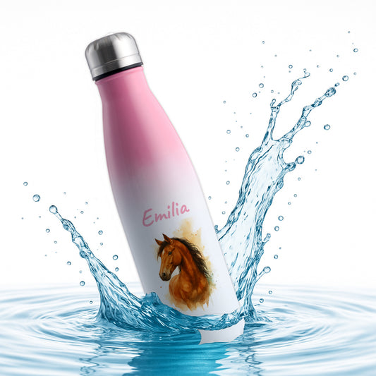 Thermoflasche 500ml in Weiß/Pink bedruckt mit tollen Motiven für Kinder "Pferd" personalisierbar mit Wunschname
