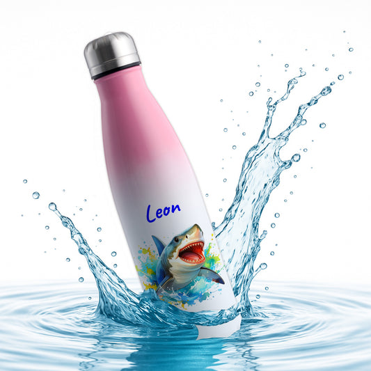Thermoflasche 500ml in Weiß/Pink bedruckt mit tollen Motiven für Kinder "Hai" personalisierbar mit Wunschname