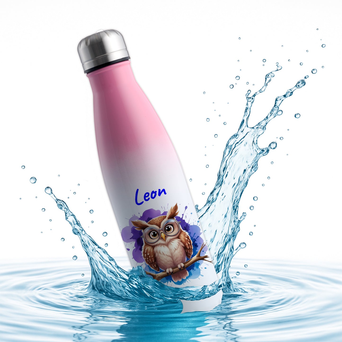 Trinkflasche in Weiß/Pink 500ml aus Edelstahl bedruckt mit niedlichen Tieren "Eule" personalisierbar für Kinder mit Wunschname