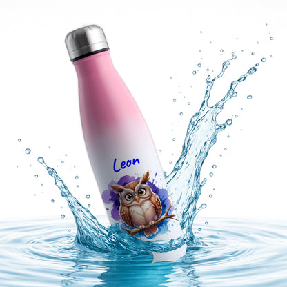 Trinkflasche in Weiß/Pink 500ml aus Edelstahl bedruckt mit niedlichen Tieren "Eule" personalisierbar für Kinder mit Wunschname