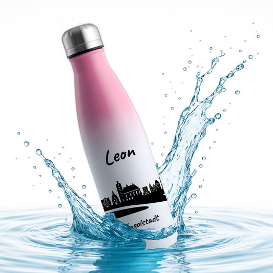 Trinkflasche in Weiß/Pink 500ml aus Edelstahl bedruckt mit der Skyline von Ingolstadt personalisierbar mit Wunschname