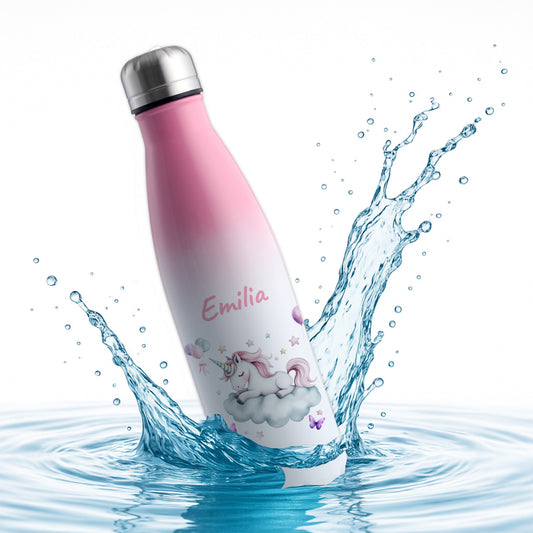 Thermoflasche 500ml in Weiß/Pink bedruckt mit tollen Motiven für Kinder "Einhorn Wolke" personalisierbar mit Wunschname