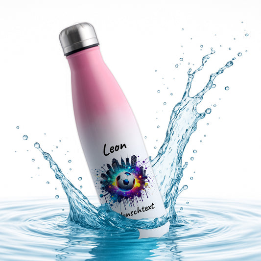 Thermoflasche 500ml in Weiß/Pink aus Edelstahl bedruckt "Fußball" Motiv7 personalisierbar mit Wunschname & Text