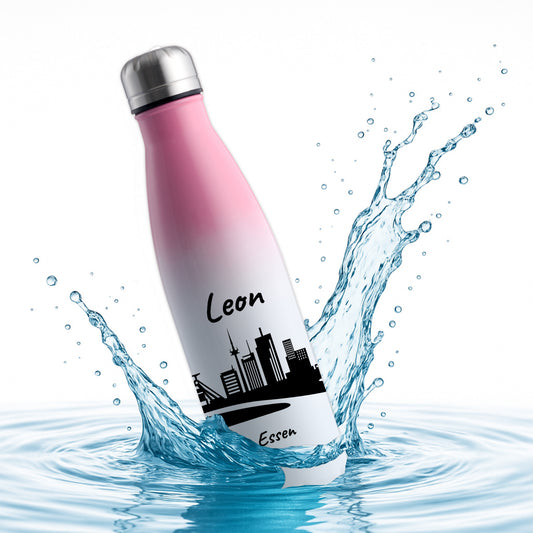Trinkflasche in Weiß/Pink 500ml aus Edelstahl bedruckt mit der Skyline von Essen personalisierbar mit Wunschname