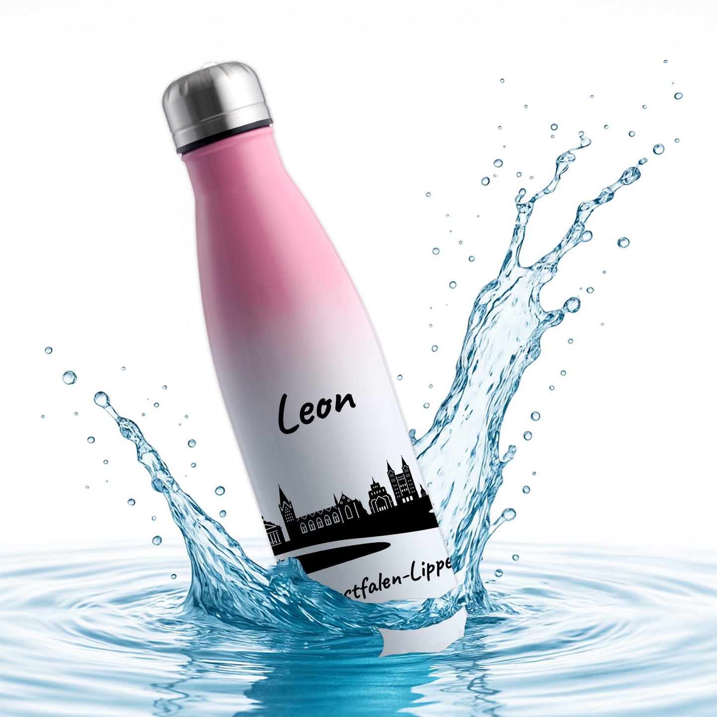 Trinkflasche in Weiß/Pink 500ml aus Edelstahl bedruckt mit der Skyline von Ostwestfalen-Lippe personalisierbar mit Wunschname