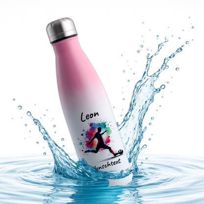 Thermoflasche 500ml in Weiß/Pink aus Edelstahl bedruckt "Fußball" Motiv4 personalisierbar mit Wunschname & Text