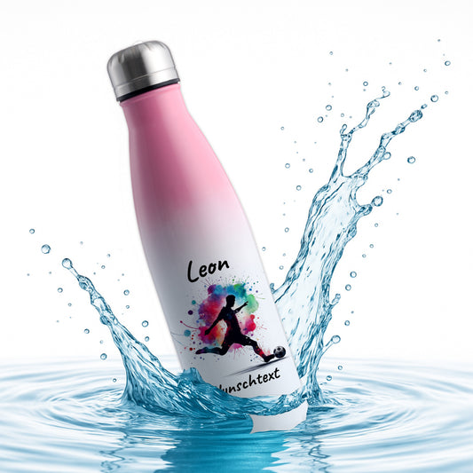 Thermoflasche 500ml in Weiß/Pink aus Edelstahl bedruckt "Fußball" Motiv4 personalisierbar mit Wunschname & Text