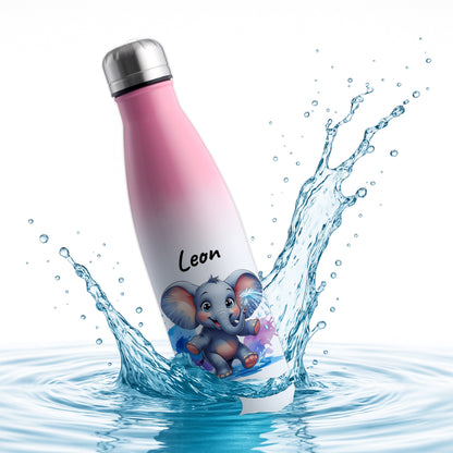Trinkflasche in Weiß/Pink 500ml aus Edelstahl bedruckt mit niedlichen Tieren "Elefant" personalisierbar für Kinder mit Wunschname