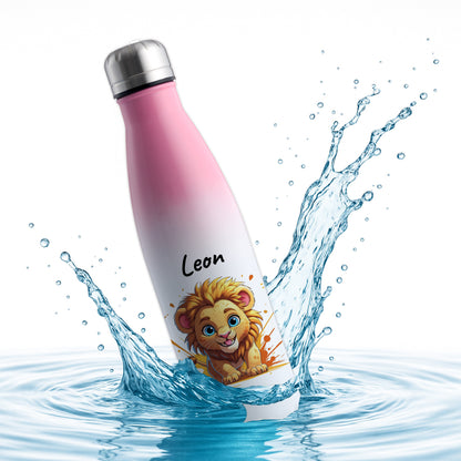 Trinkflasche in Weiß/Pink 500ml aus Edelstahl bedruckt mit niedlichen Tieren "Löwe" personalisierbar für Kinder mit Wunschname