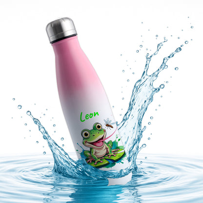 Trinkflasche in Weiß/Pink 500ml aus Edelstahl bedruckt mit niedlichen Tieren "Frosch" personalisierbar für Kinder mit Wunschname