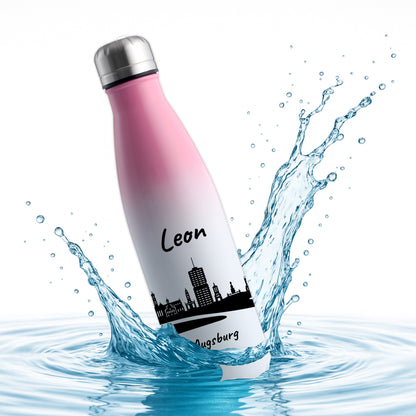 Trinkflasche in Weiß/Pink 500ml aus Edelstahl bedruckt mit der Skyline von Augsburg personalisierbar mit Wunschname