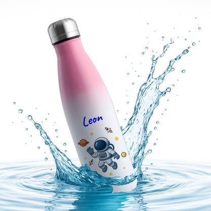 Thermoflasche 500ml in Weiß/Pink bedruckt mit tollen Motiven für Kinder "Astronaut" personalisierbar mit Wunschname