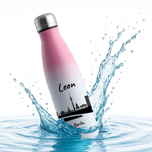 Trinkflasche in Weiß/Pink 500ml aus Edelstahl bedruckt mit der Skyline von Berlin personalisierbar mit Wunschname