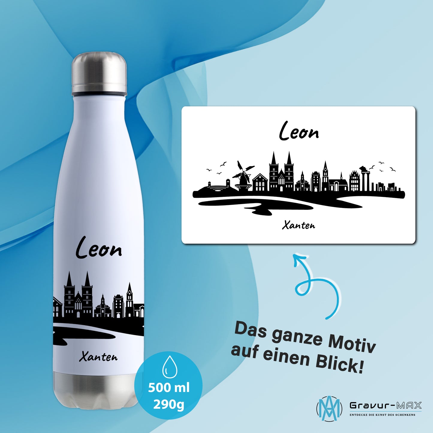 Trinkflasche in Weiß/Silber 500ml aus Edelstahl bedruckt mit der Skyline von Xanten personalisierbar mit Wunschname