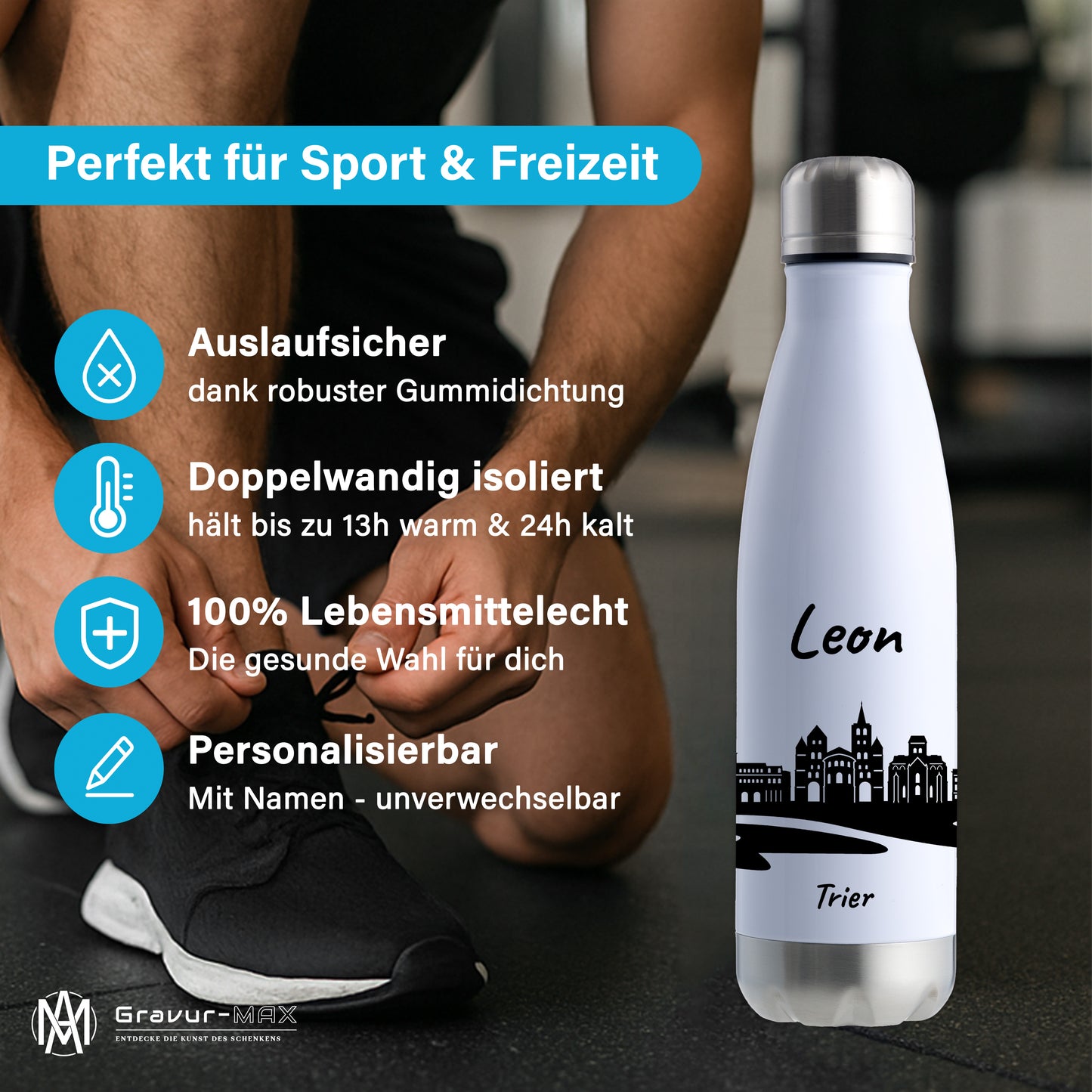 Trinkflasche in Weiß/Silber 500ml aus Edelstahl bedruckt mit der Skyline von Trier personalisierbar mit Wunschname