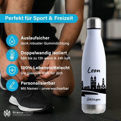 Trinkflasche in Weiß/Silber 500ml aus Edelstahl bedruckt mit der Skyline von Göttingen personalisierbar mit Wunschname