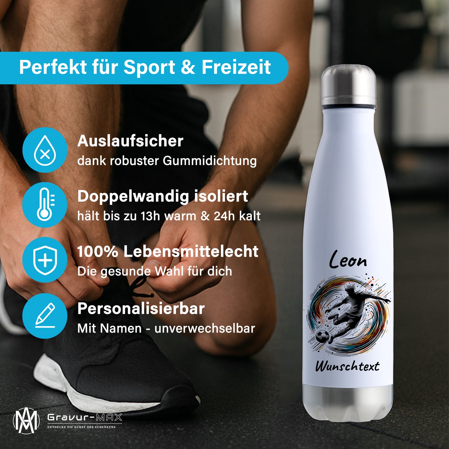 Thermoflasche 500ml in Weiß/Silber aus Edelstahl bedruckt "Fußball" Motiv1 personalisierbar mit Wunschname & Text