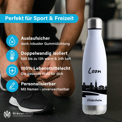 Trinkflasche in Weiß/Silber 500ml aus Edelstahl bedruckt mit der Skyline von Hildesheim personalisierbar mit Wunschname
