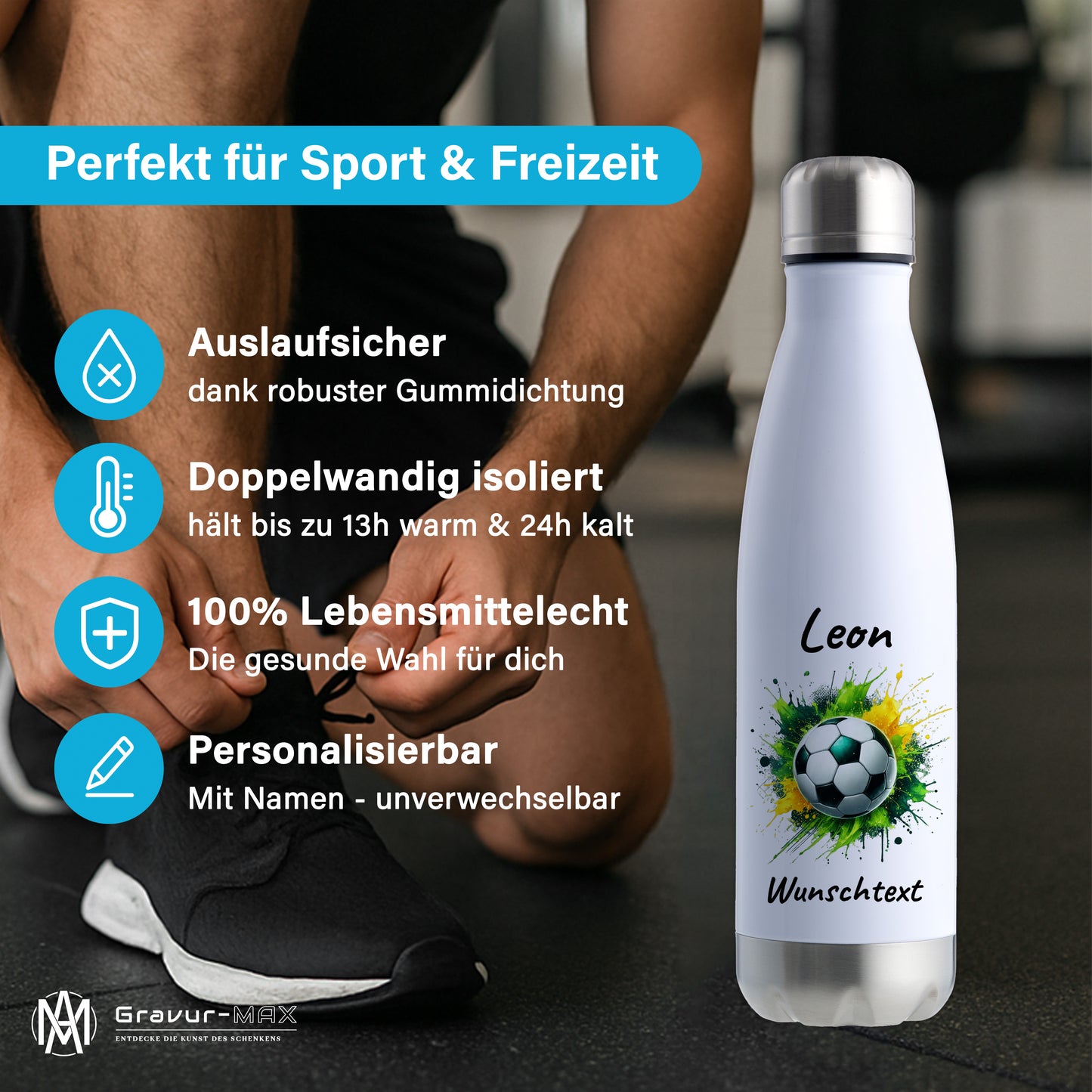 Thermoflasche 500ml in Weiß/Silber aus Edelstahl bedruckt "Fußball" Motiv11 personalisierbar mit Wunschname & Text