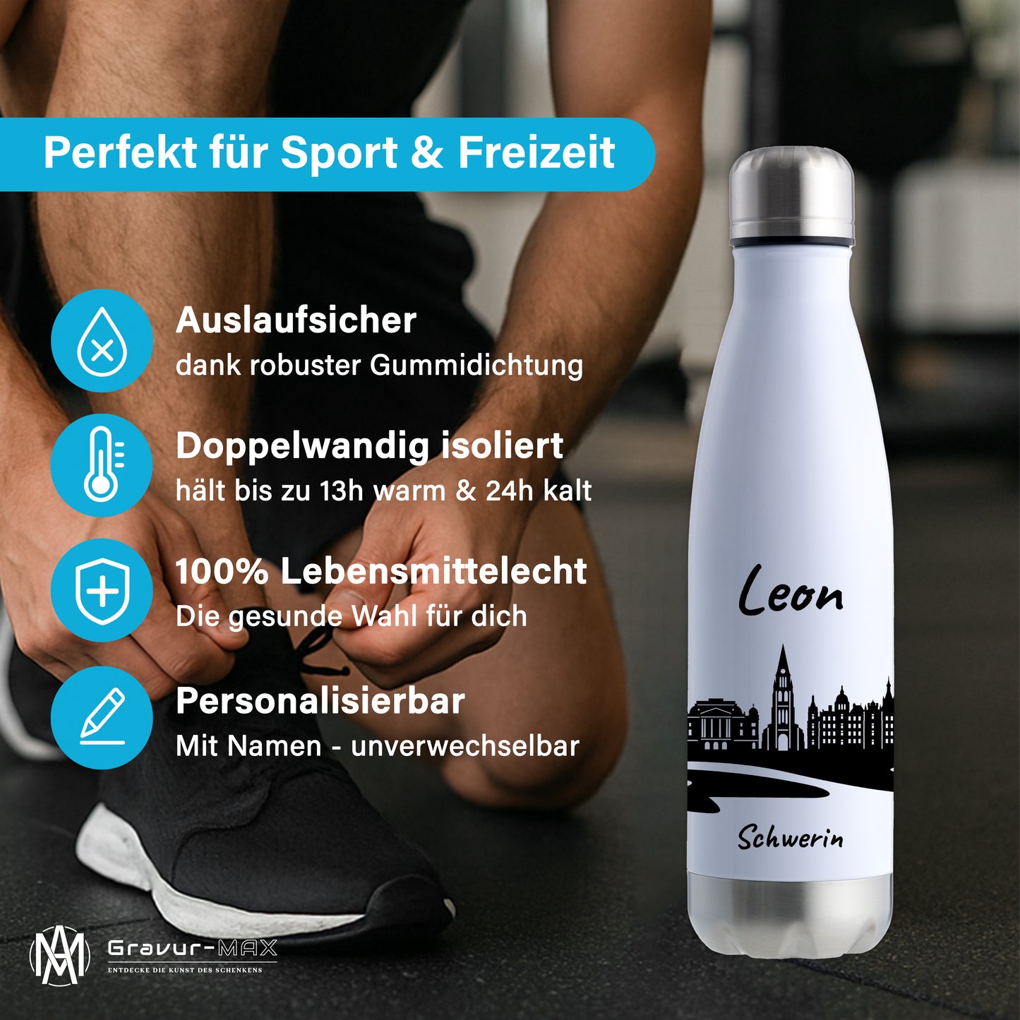 Trinkflasche in Weiß/Silber 500ml aus Edelstahl bedruckt mit der Skyline von Schwerin personalisierbar mit Wunschname