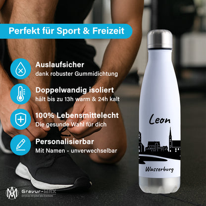 Trinkflasche in Weiß/Silber 500ml aus Edelstahl bedruckt mit der Skyline von Wasserburg personalisierbar mit Wunschname