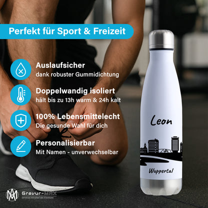 Trinkflasche in Weiß/Silber 500ml aus Edelstahl bedruckt mit der Skyline von Wuppertal personalisierbar mit Wunschname