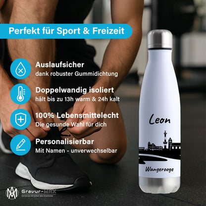 Trinkflasche in Weiß/Silber 500ml aus Edelstahl bedruckt mit der Skyline von Wangerooge personalisierbar mit Wunschname